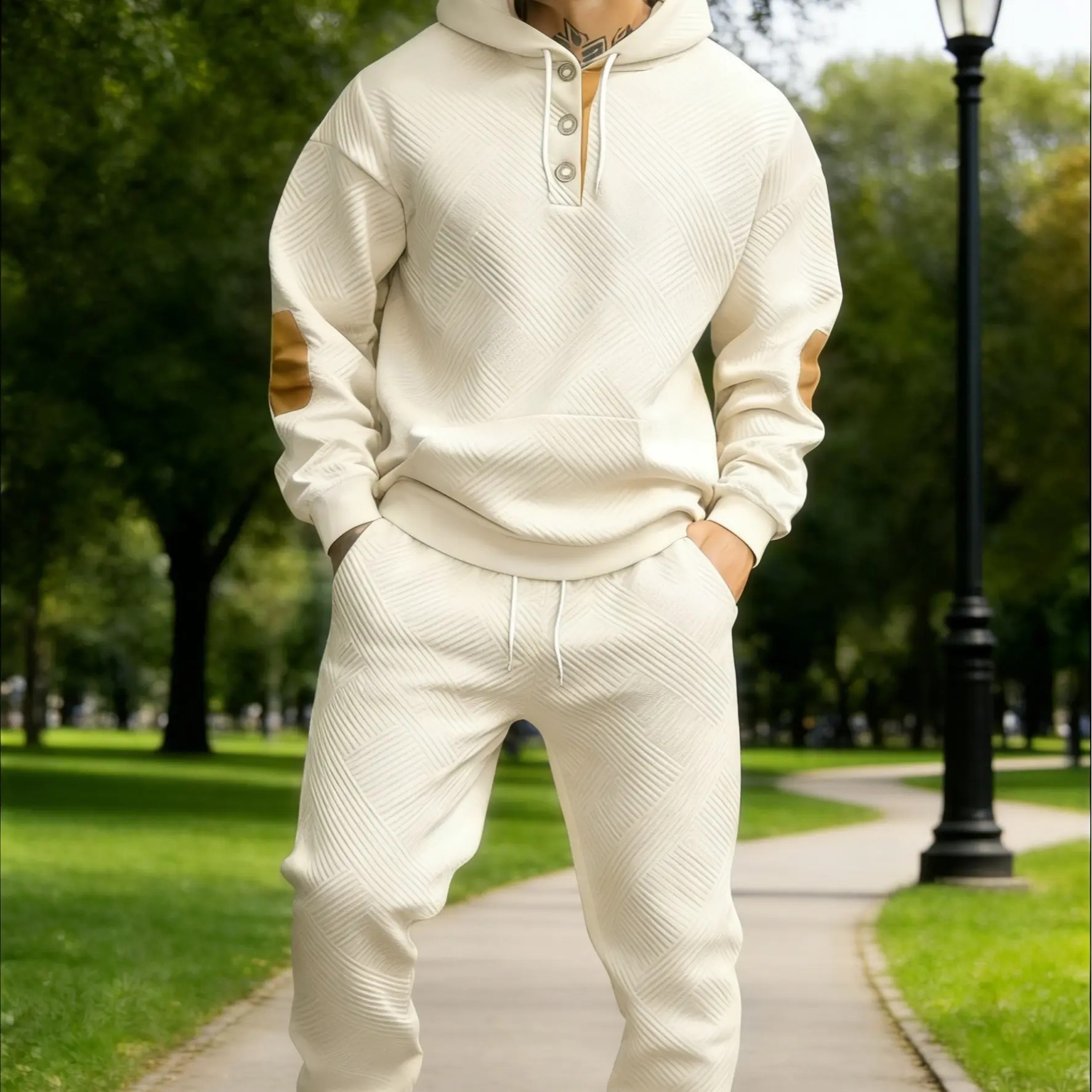 Men's 2‑Piece Textured Hoodie Tracksuit, Geometric Pattern Hooded Sweatshirt with Contrast Elbow Patches & Matching Sweatpants