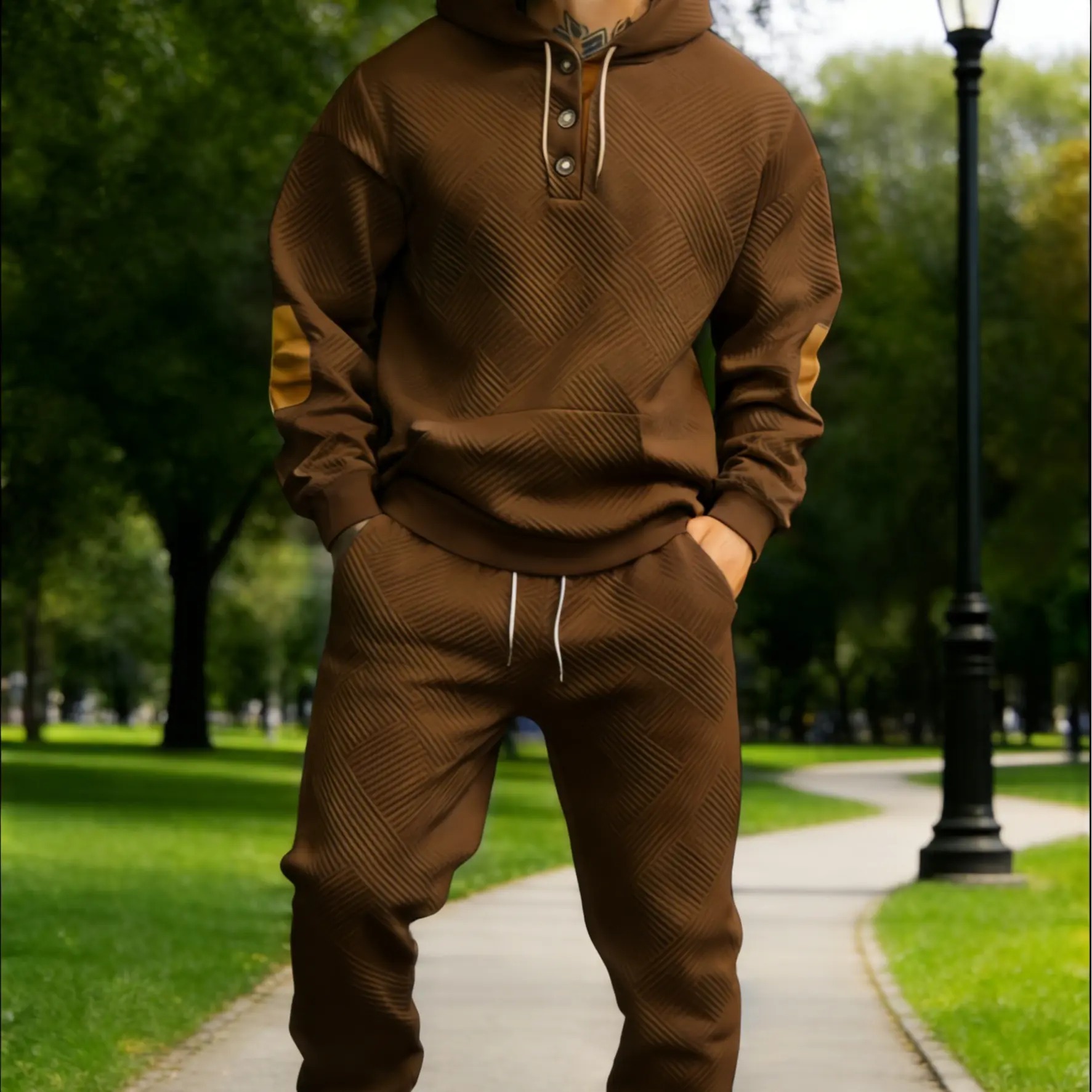 Men's 2‑Piece Textured Hoodie Tracksuit, Geometric Pattern Hooded Sweatshirt with Contrast Elbow Patches & Matching Sweatpants