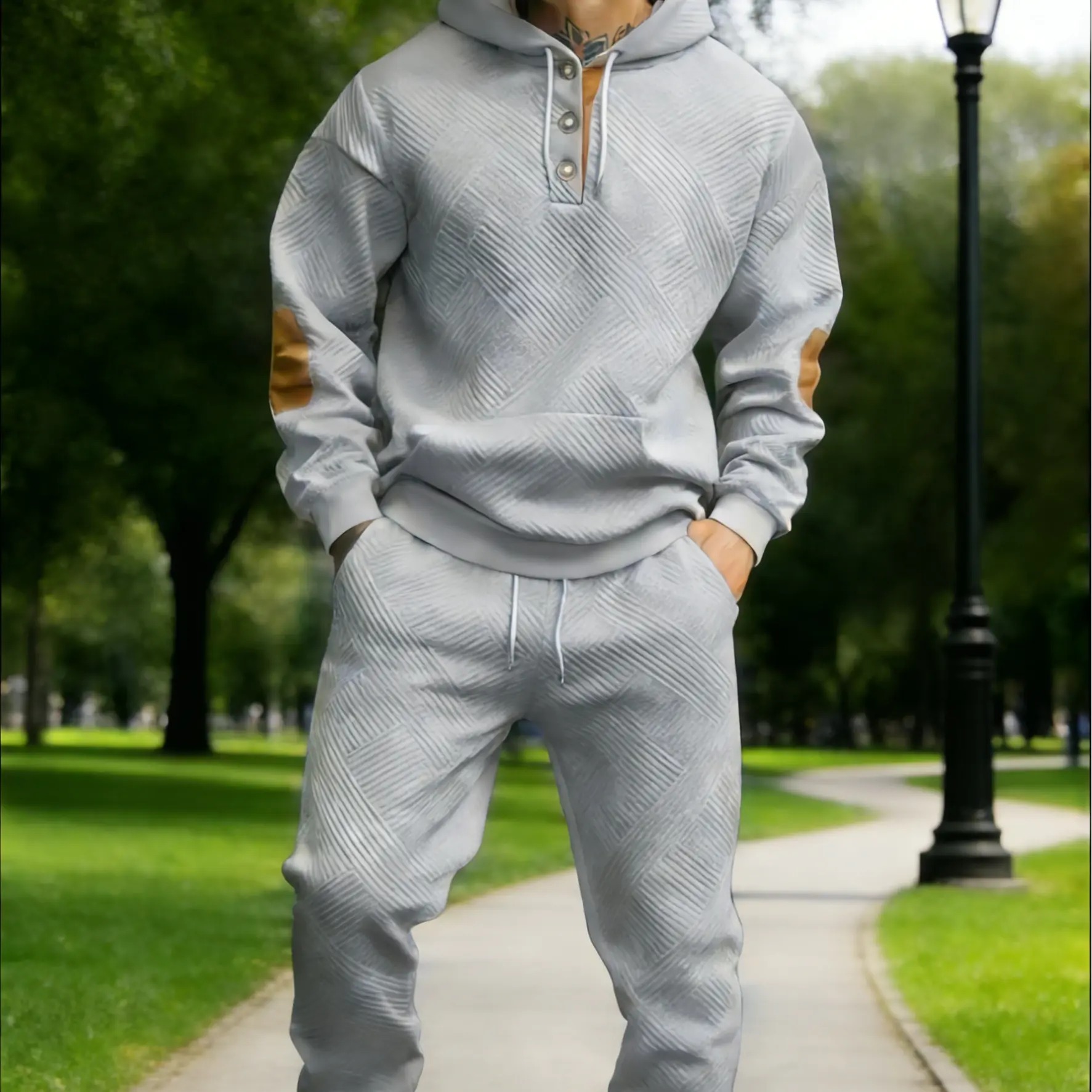 Men's 2‑Piece Textured Hoodie Tracksuit, Geometric Pattern Hooded Sweatshirt with Contrast Elbow Patches & Matching Sweatpants