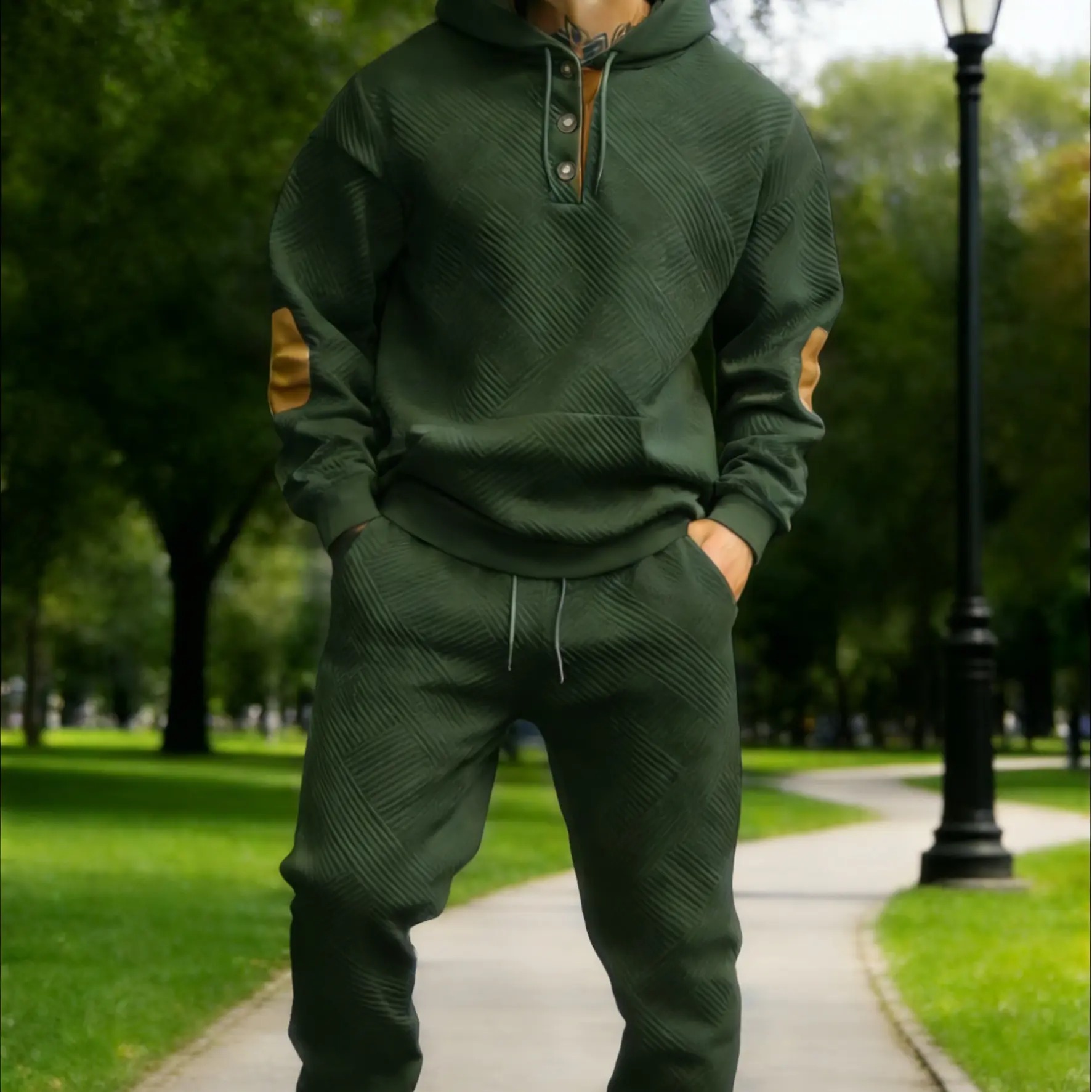 Men's 2‑Piece Textured Hoodie Tracksuit, Geometric Pattern Hooded Sweatshirt with Contrast Elbow Patches & Matching Sweatpants