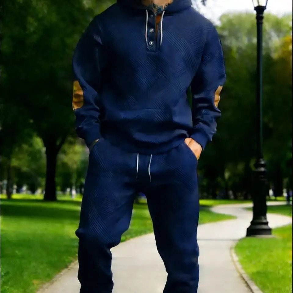 Men's 2‑Piece Textured Hoodie Tracksuit, Geometric Pattern Hooded Sweatshirt with Contrast Elbow Patches & Matching Sweatpants