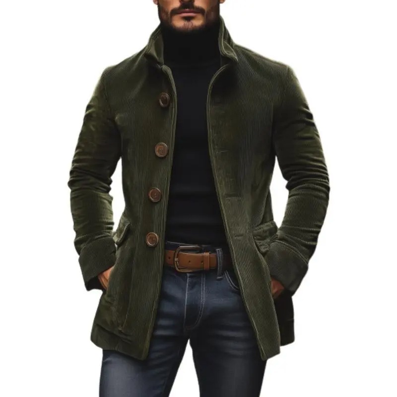 Men's Stand Collar Button Cardigan Jacket Solid Color Casual Business Blazer with Side Pockets