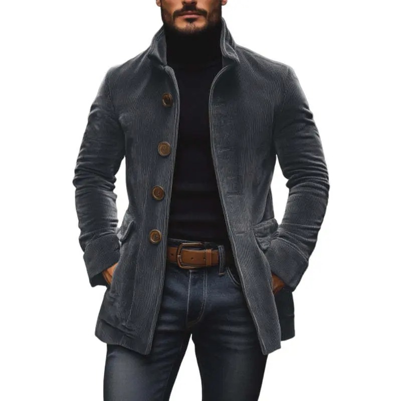 Men's Stand Collar Button Cardigan Jacket Solid Color Casual Business Blazer with Side Pockets