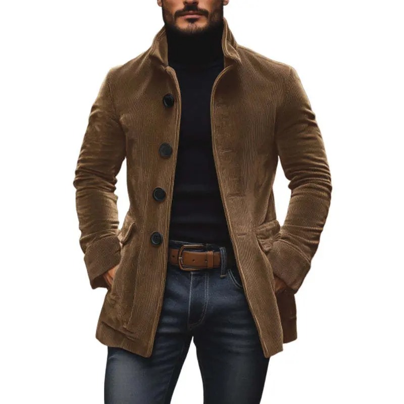 Men's Stand Collar Button Cardigan Jacket Solid Color Casual Business Blazer with Side Pockets
