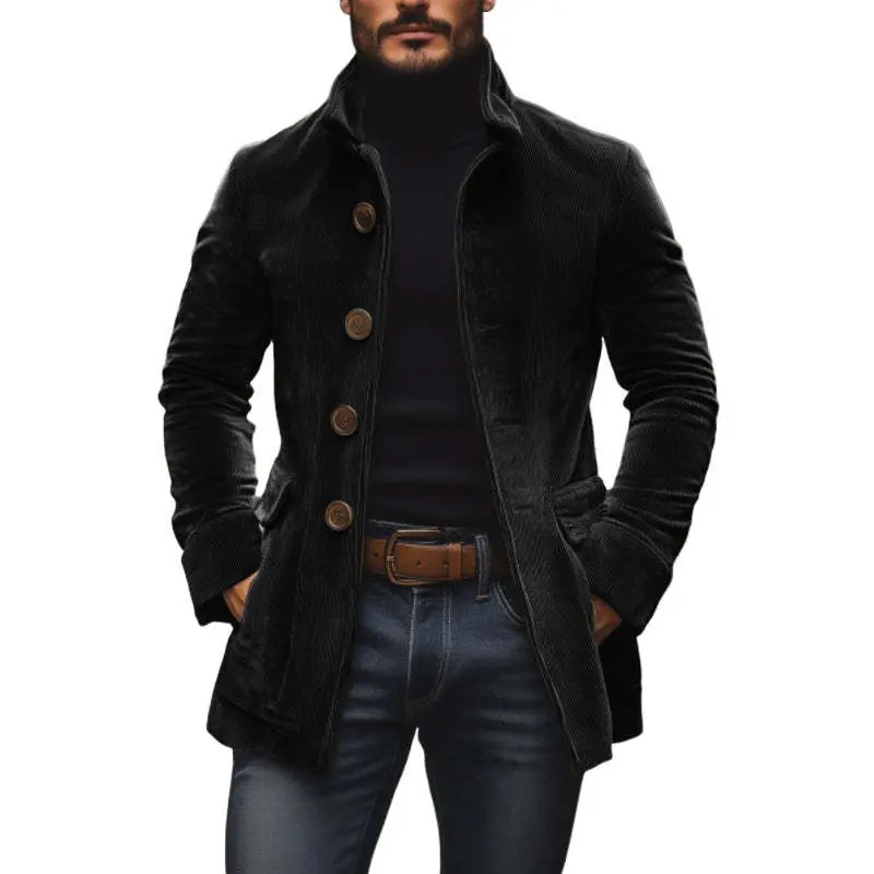 Men's Stand Collar Button Cardigan Jacket Solid Color Casual Business Blazer with Side Pockets