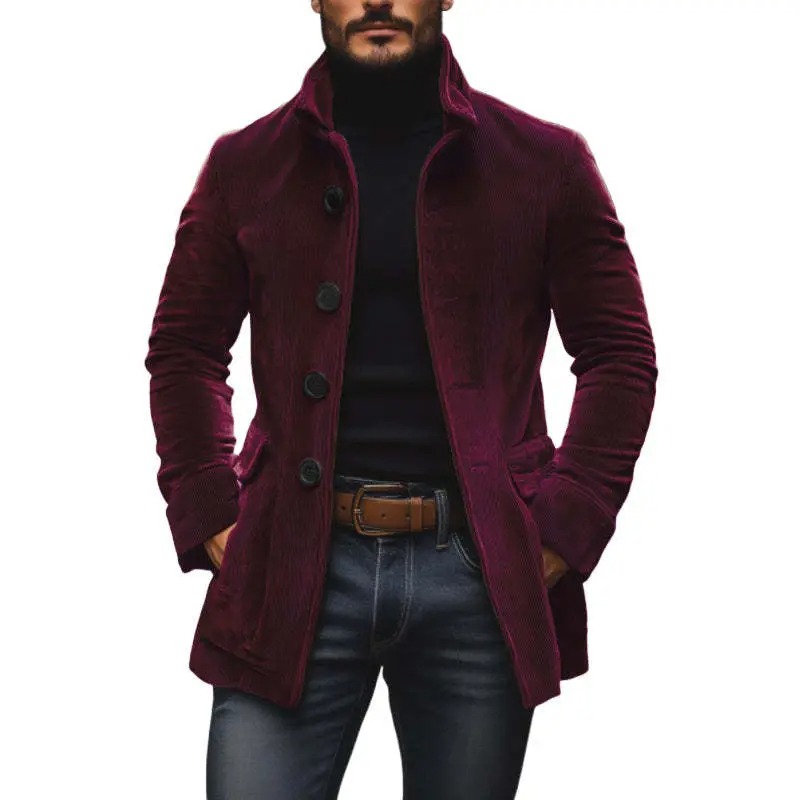 Men's Stand Collar Button Cardigan Jacket Solid Color Casual Business Blazer with Side Pockets