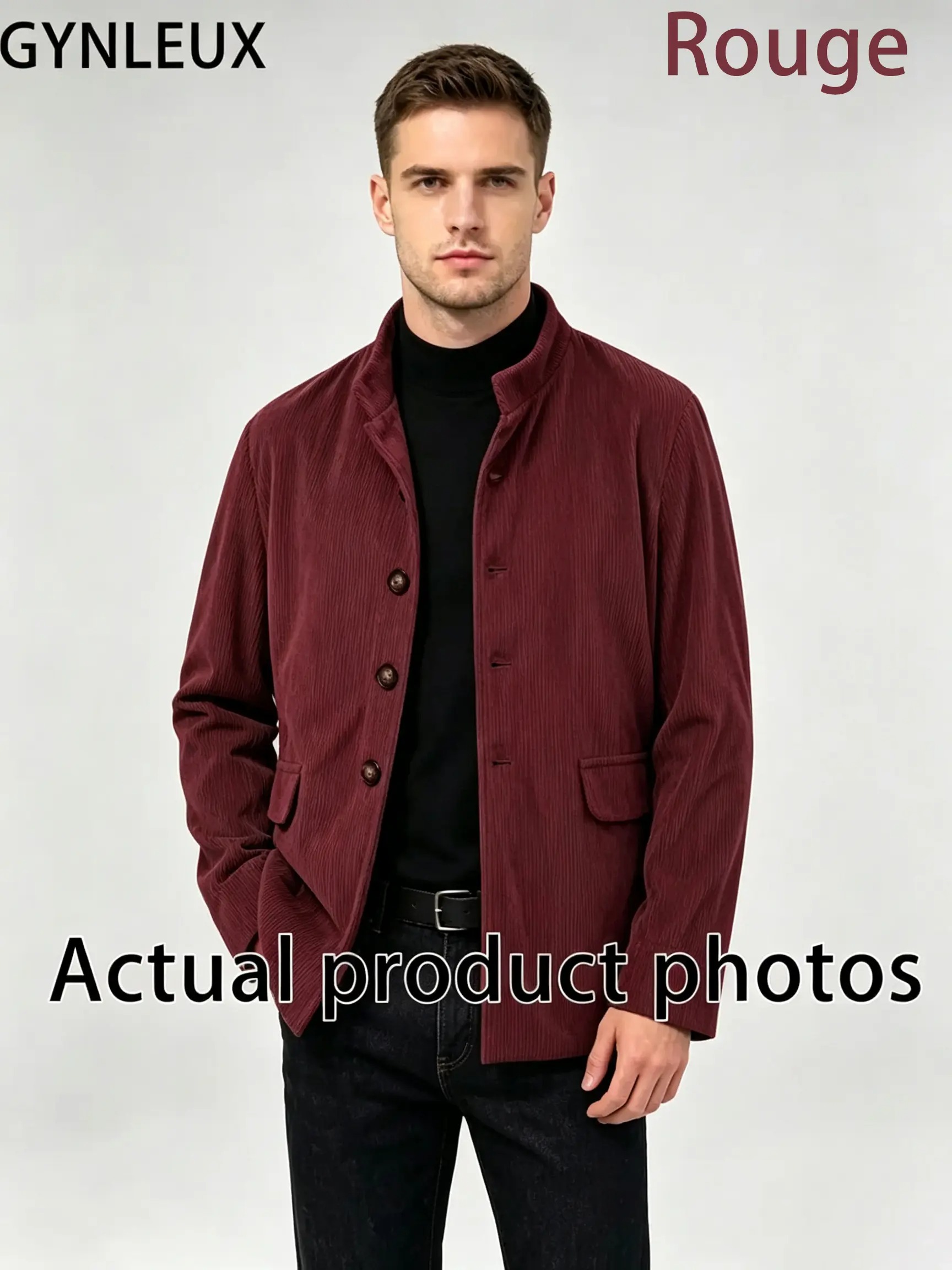 Men's Stand Collar Button Cardigan Jacket Solid Color Casual Business Blazer with Side Pockets