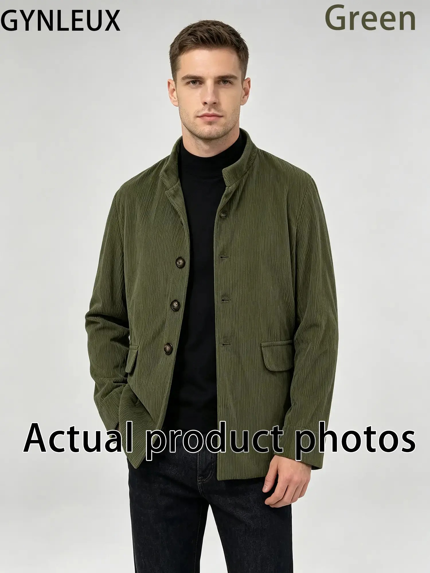 Men's Stand Collar Button Cardigan Jacket Solid Color Casual Business Blazer with Side Pockets