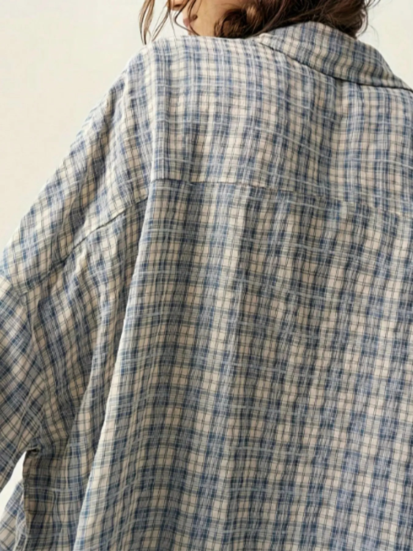 Women's Blue Plaid Oversized Long Sleeve Shirt, Casual Loose Fit Blouse with Pouch Pocket