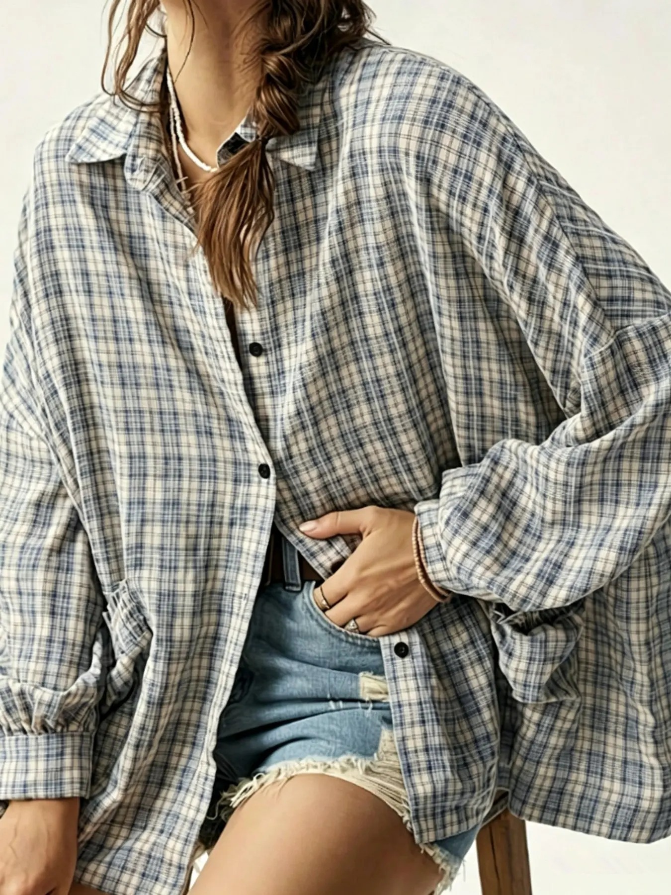 Women's Blue Plaid Oversized Long Sleeve Shirt, Casual Loose Fit Blouse with Pouch Pocket