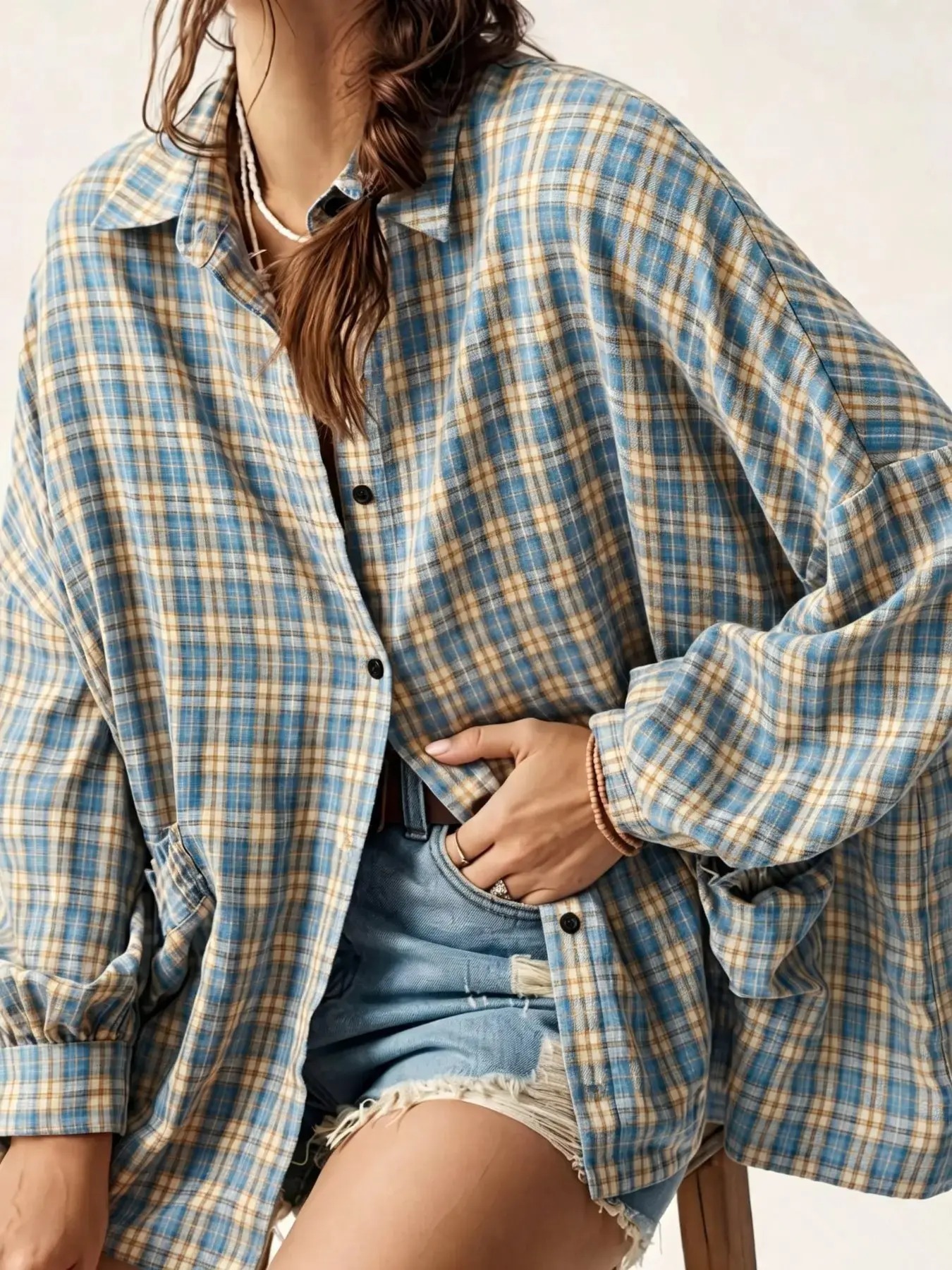 Women's Blue Plaid Oversized Long Sleeve Shirt, Casual Loose Fit Blouse with Pouch Pocket
