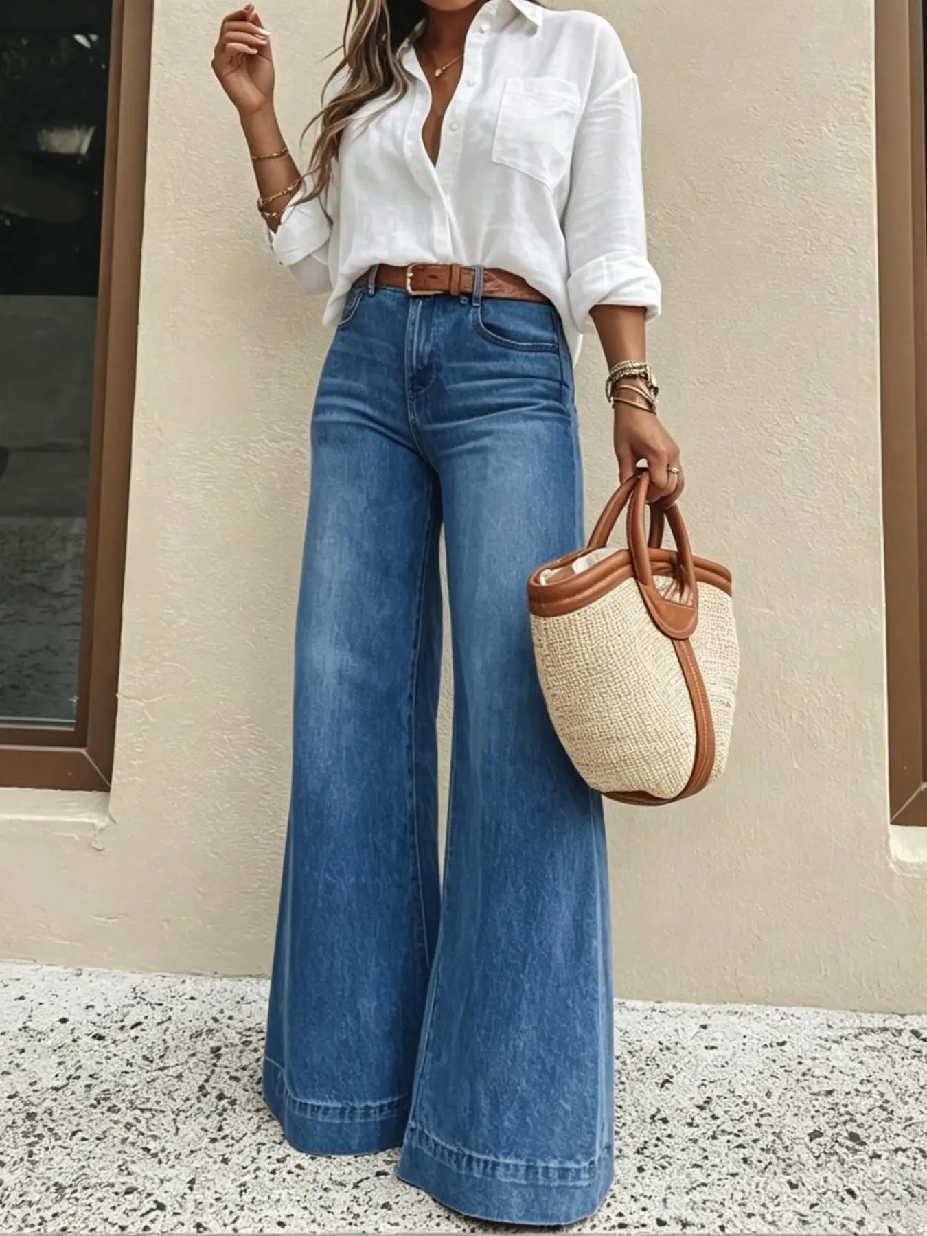 Women's High Waist Elastic Jeans, Casual Loose Fit Plain Unlined Denim Pants, Slimming Comfort Versatile All-Season Daily Trousers