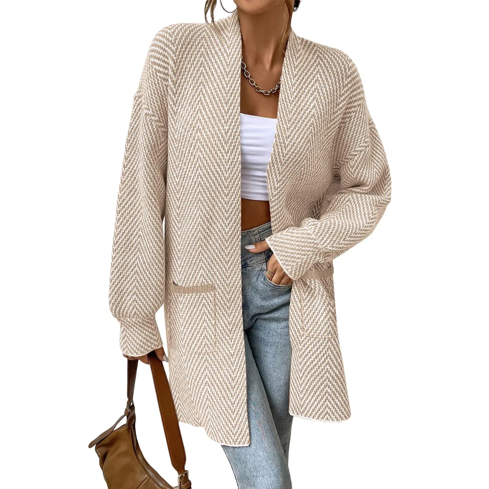 Women's Open Front Herringbone Colorblock Cardigan Sweater, Soft Chunky Knit Oversized Sweater Coat with Pockets