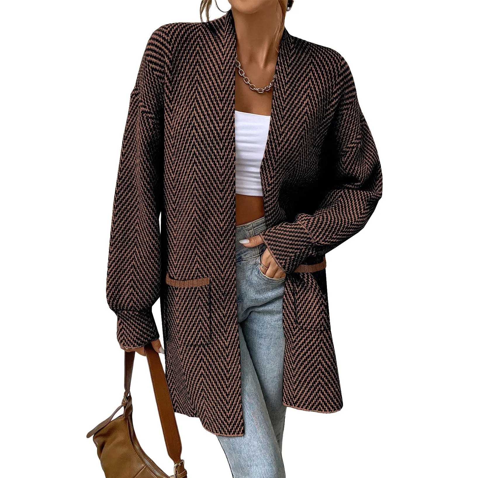 Women's Open Front Herringbone Colorblock Cardigan Sweater, Soft Chunky Knit Oversized Sweater Coat with Pockets