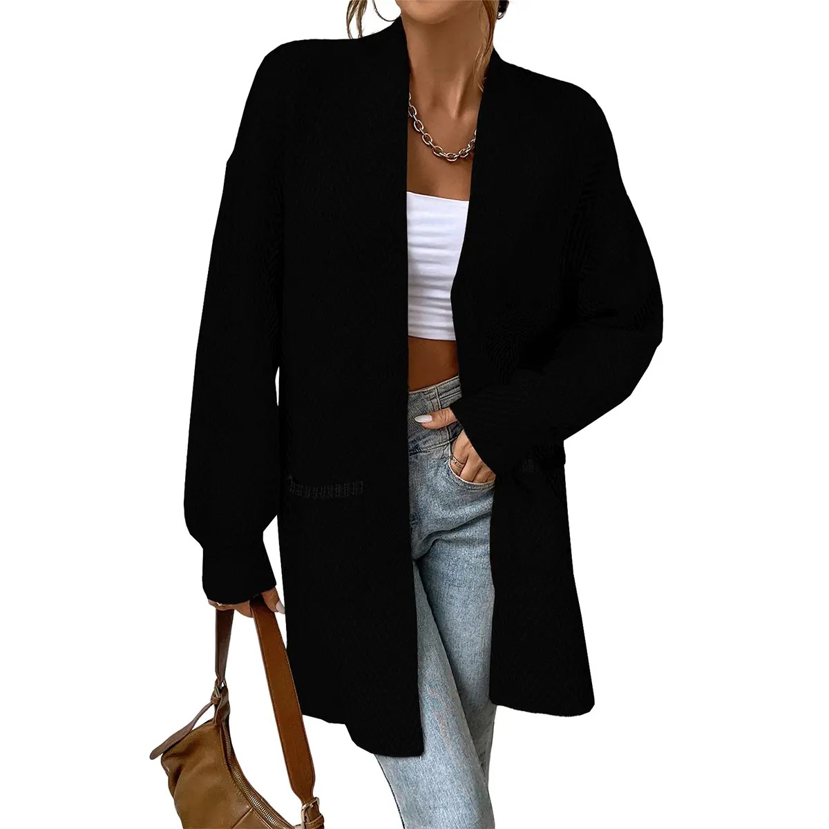 Women's Open Front Herringbone Colorblock Cardigan Sweater, Soft Chunky Knit Oversized Sweater Coat with Pockets