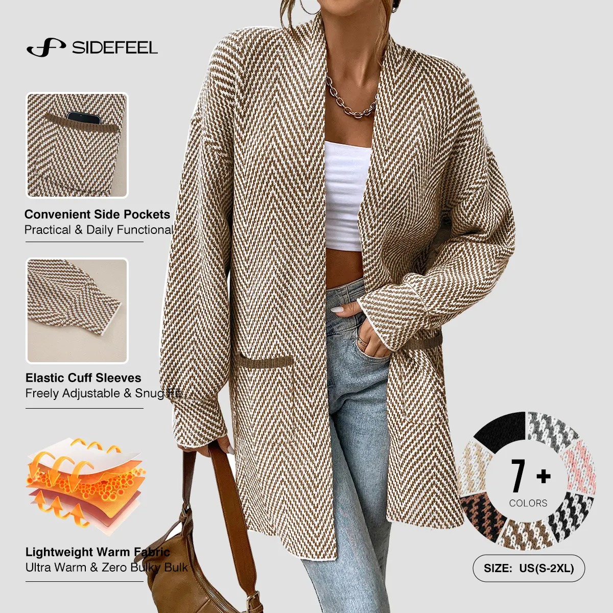 Women's Open Front Herringbone Colorblock Cardigan Sweater, Soft Chunky Knit Oversized Sweater Coat with Pockets