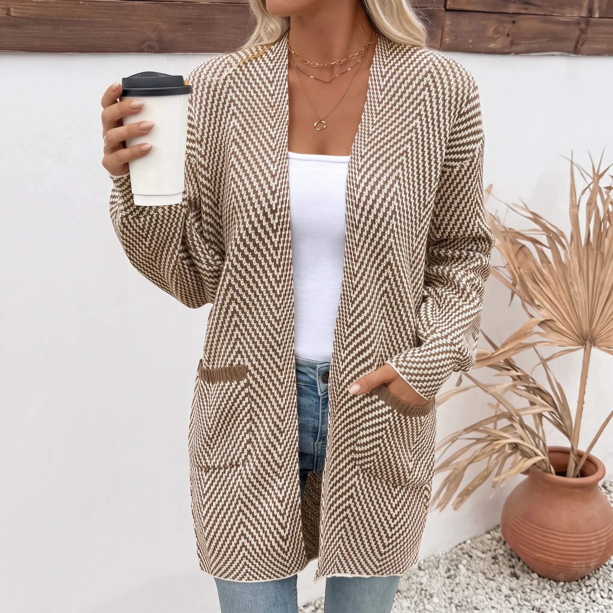 Women's Open Front Herringbone Colorblock Cardigan Sweater, Soft Chunky Knit Oversized Sweater Coat with Pockets