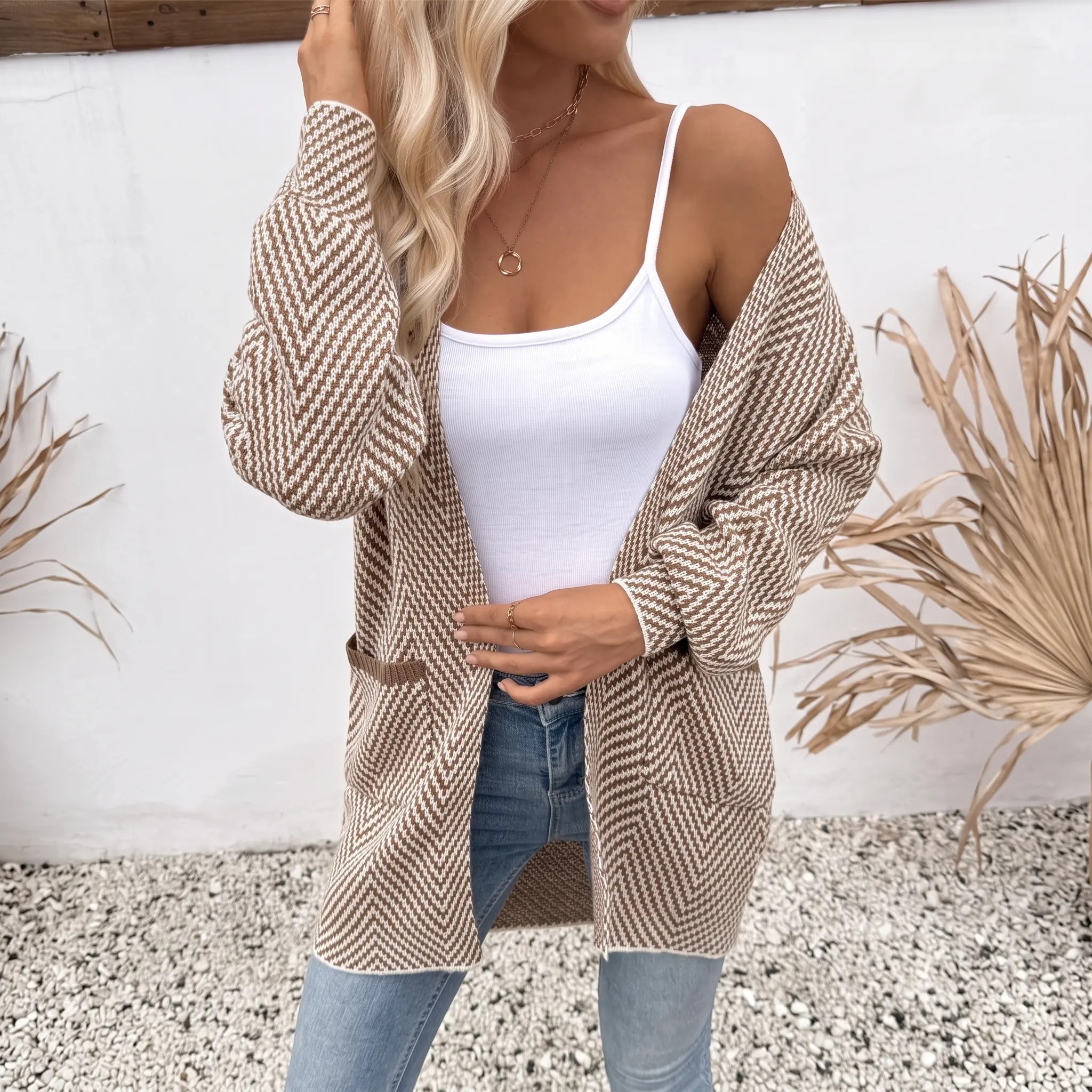 Women's Open Front Herringbone Colorblock Cardigan Sweater, Soft Chunky Knit Oversized Sweater Coat with Pockets