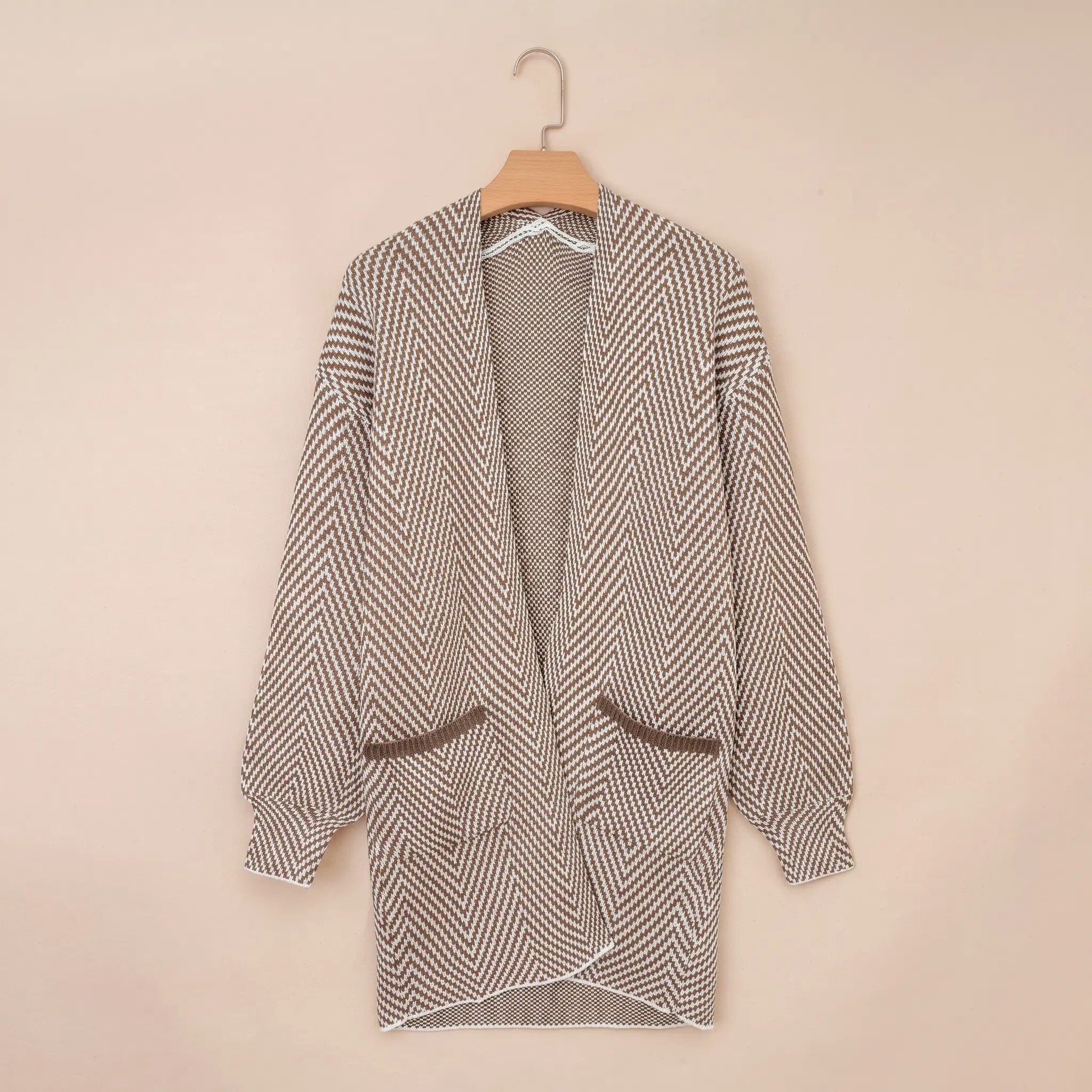 Women's Open Front Herringbone Colorblock Cardigan Sweater, Soft Chunky Knit Oversized Sweater Coat with Pockets