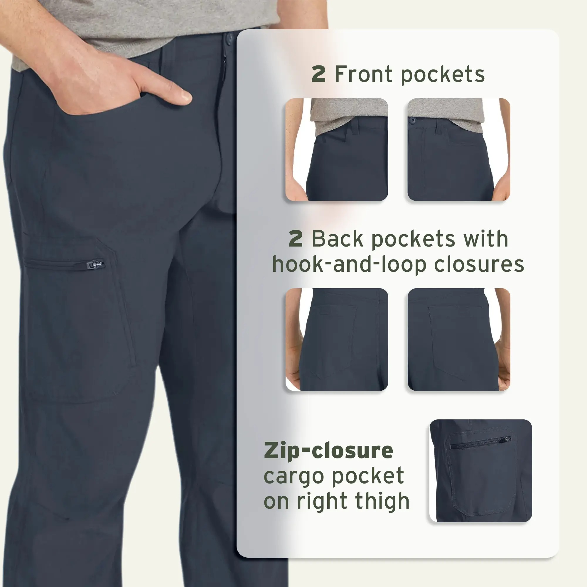 Men's Outdoor Hiking Pants, Water Repellent 2-Way Stretch Trousers with UPF 50+ Sun Protection, Lightweight Camping Travel Casual Pants
