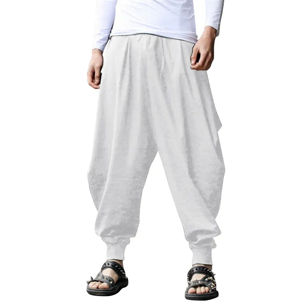 Men's Hippie Baggy Drop Crotch Casual Trousers, Elastic Drawstring Lightweight Yoga Daily Pants with Pockets