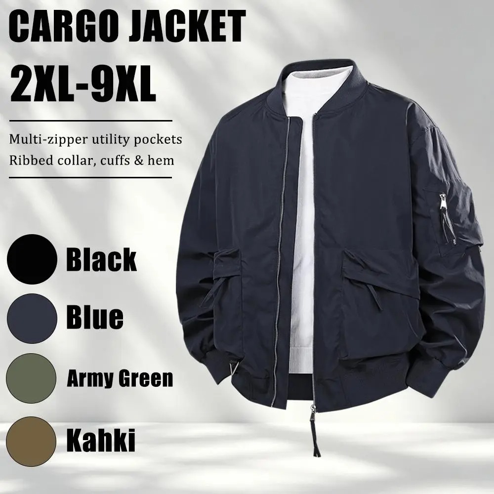 Men's Plus Size Relaxed Fit Workwear Jacket, Multi Zipper Pockets Casual Coat with Ribbed Collar Cuffs and Hem