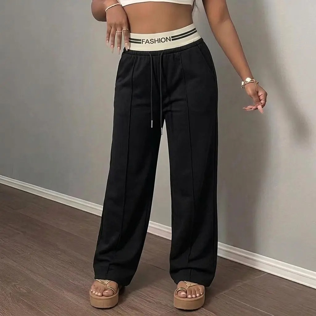 Women's Contrast Waistband Wide Leg Sweatpants, Soho Chic Casual Loose Trousers, Spring Autumn Daily Commute Shopping Fashion Bottoms