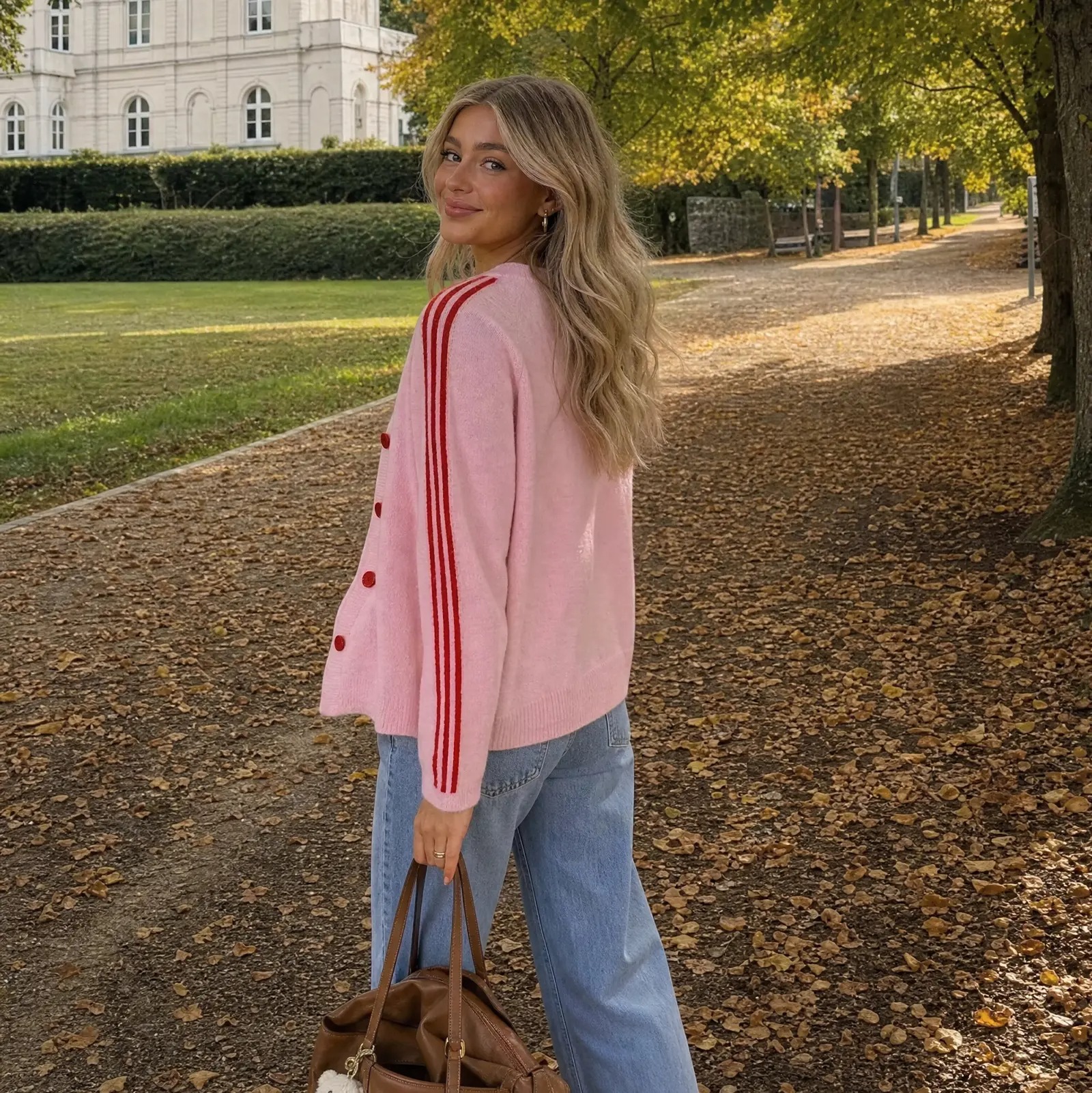 Women's Striped 3/4 Sleeve Cropped Knit Cardigan, Crew Neck Button Down Y2K Fall Casual Lightweight Sweater Jacke