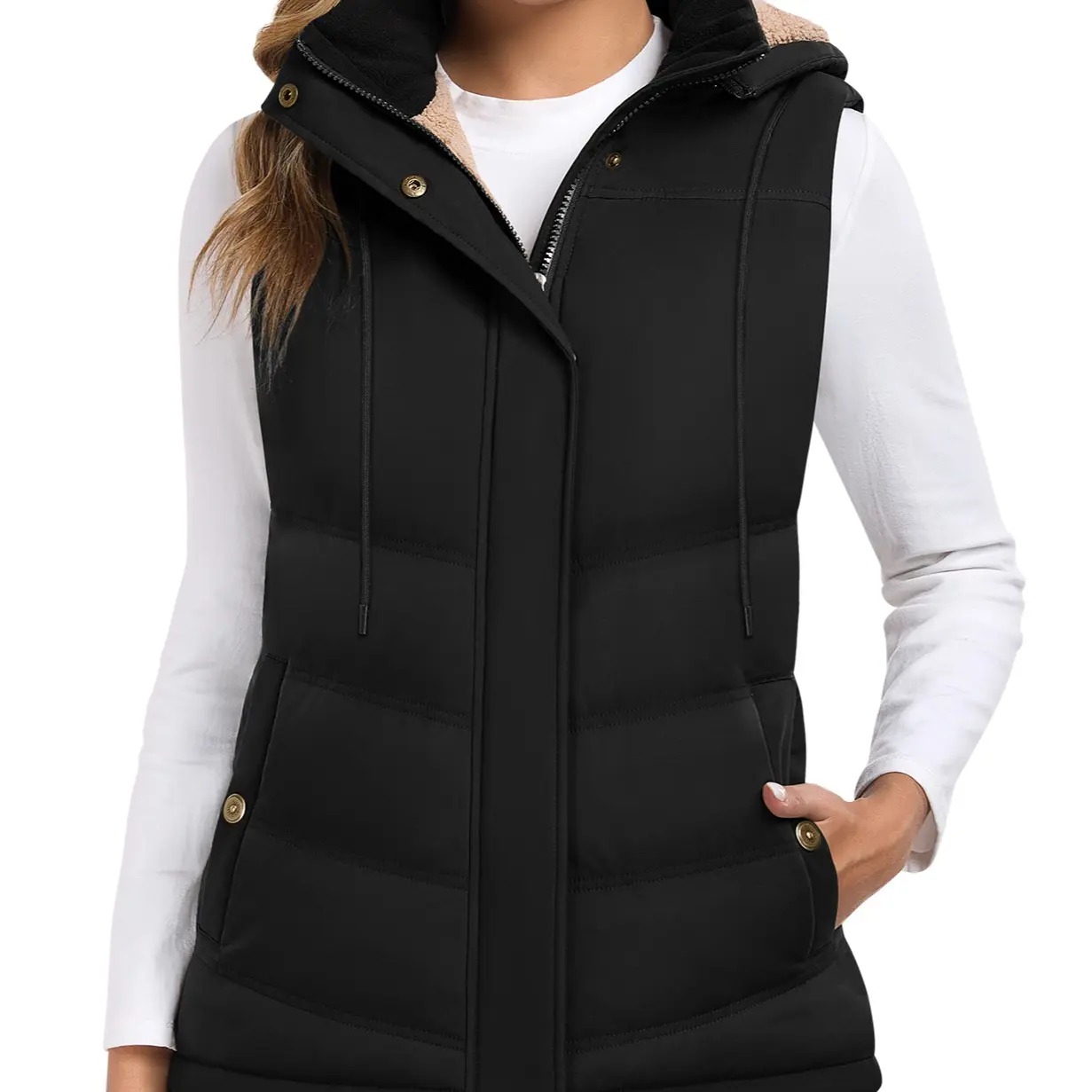 Women's Sherpa Fleece Lined Puffer Vest, Removable Hood Sleeveless Quilted Gilet, Lightweight Insulated Casual Winter Outerwear