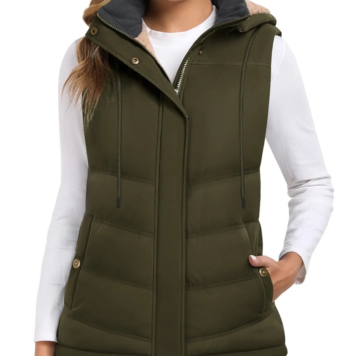 Women's Sherpa Fleece Lined Puffer Vest, Removable Hood Sleeveless Quilted Gilet, Lightweight Insulated Casual Winter Outerwear