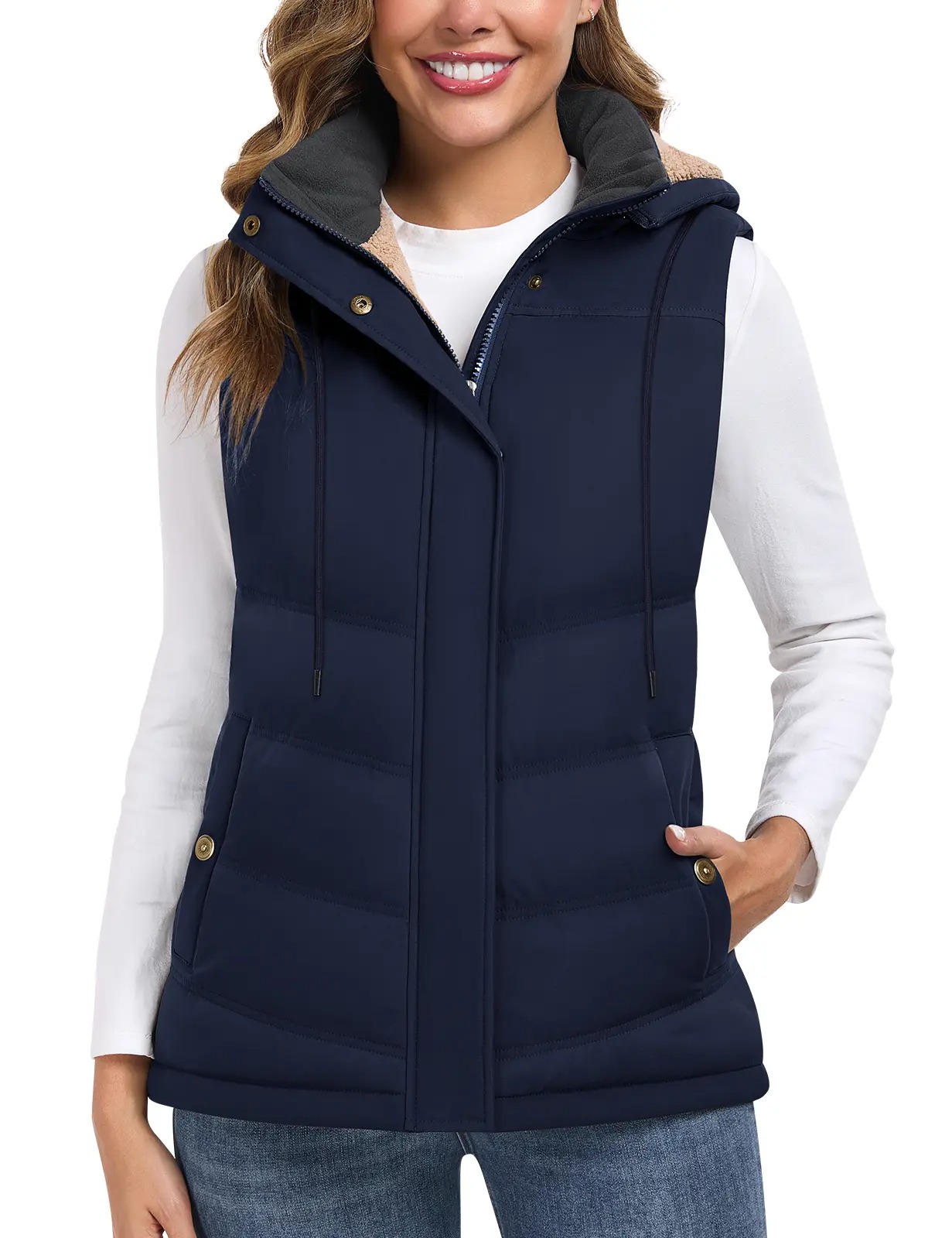Women's Sherpa Fleece Lined Puffer Vest, Removable Hood Sleeveless Quilted Gilet, Lightweight Insulated Casual Winter Outerwear