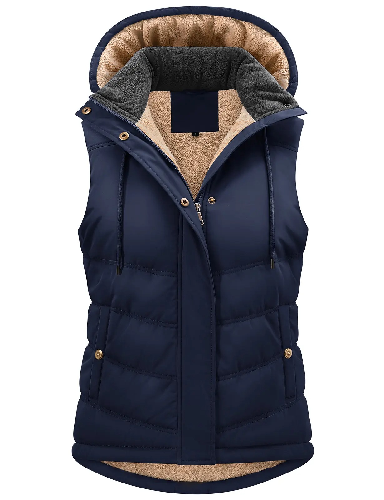 Women's Sherpa Fleece Lined Puffer Vest, Removable Hood Sleeveless Quilted Gilet, Lightweight Insulated Casual Winter Outerwear