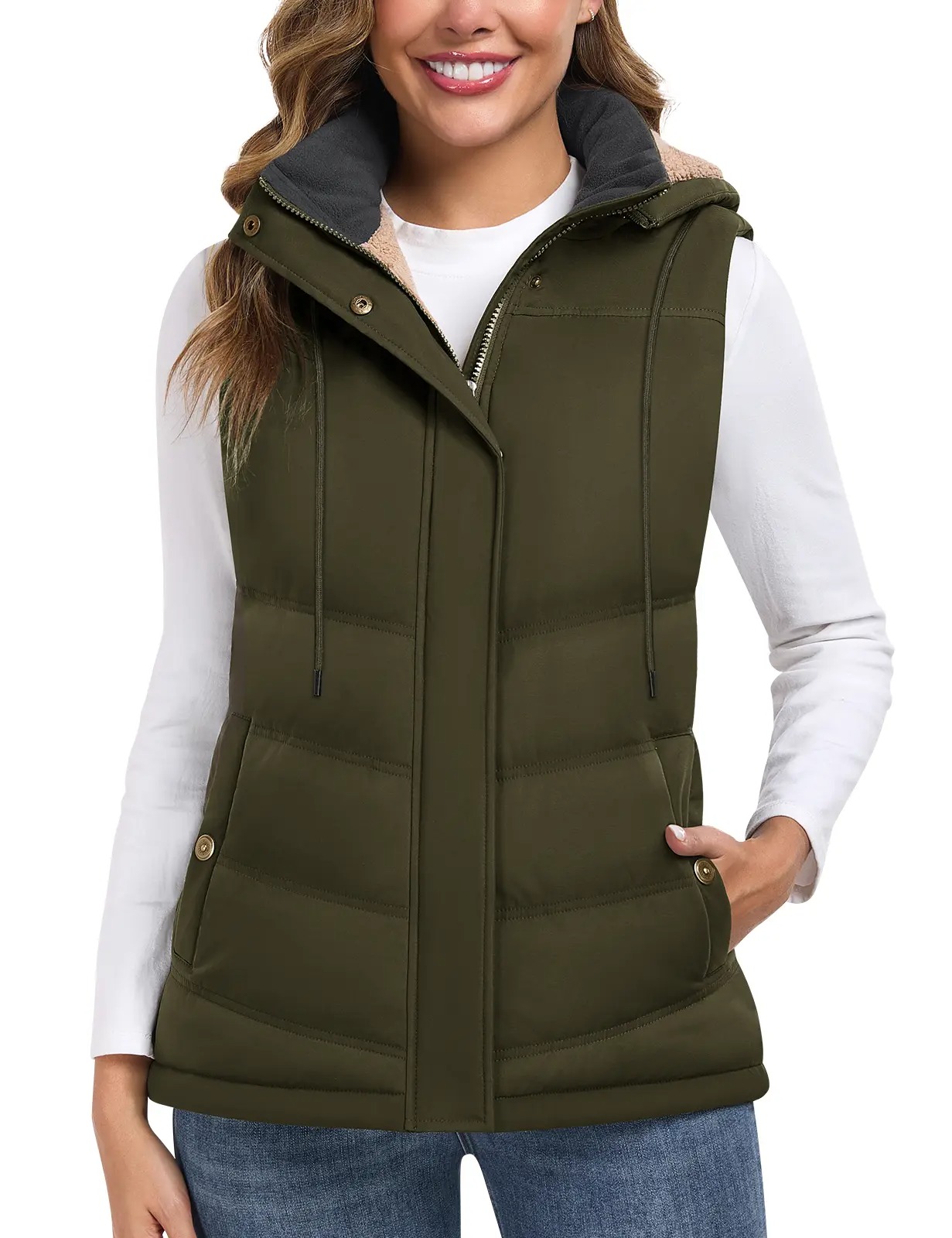 Women's Sherpa Fleece Lined Puffer Vest, Removable Hood Sleeveless Quilted Gilet, Lightweight Insulated Casual Winter Outerwear