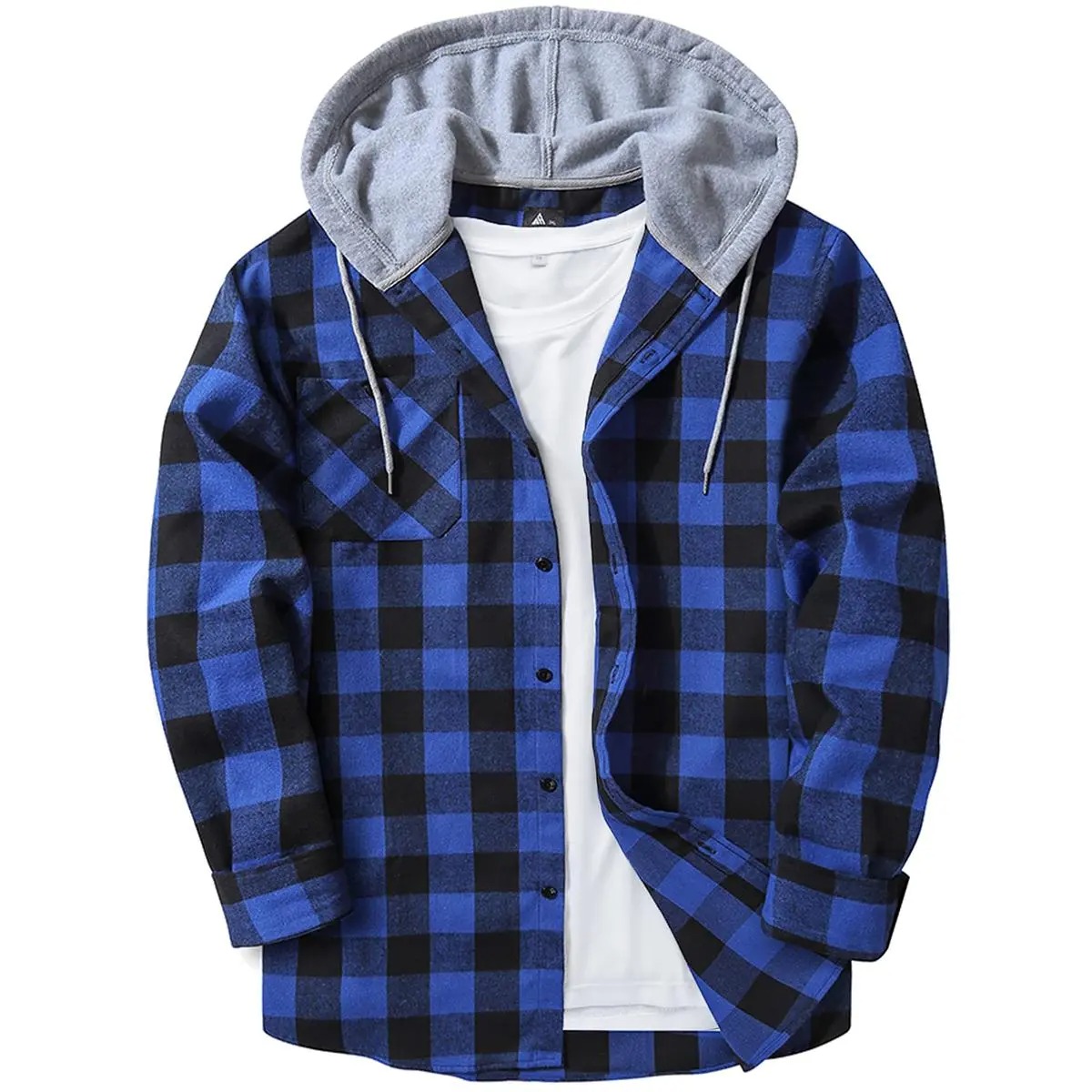 Men's Plaid Hooded Shirt Jacket, Long Sleeve Front Buckle Ankle Drawstring Casual Coat with Pockets