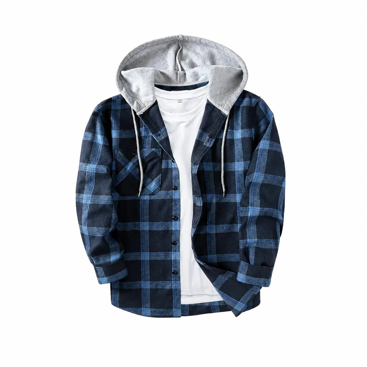 Men's Plaid Hooded Shirt Jacket, Long Sleeve Front Buckle Ankle Drawstring Casual Coat with Pockets