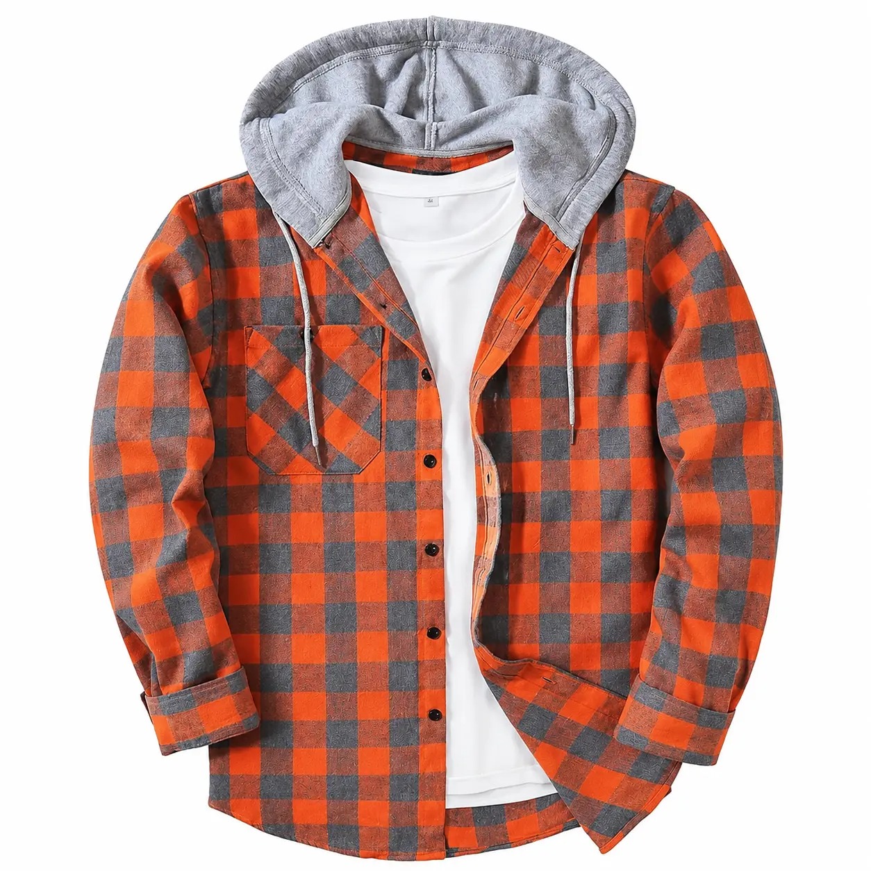 Men's Plaid Hooded Shirt Jacket, Long Sleeve Front Buckle Ankle Drawstring Casual Coat with Pockets