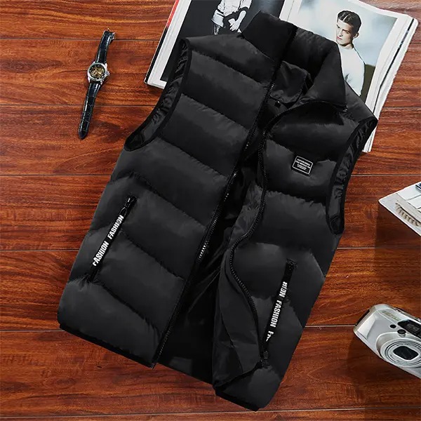 Men's Stand Collar Sleeveless Cargo Vest, Lightweight Windproof Polyester Gilet with Zipper Pockets