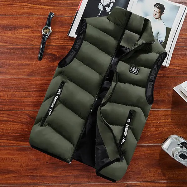 Men's Stand Collar Sleeveless Cargo Vest, Lightweight Windproof Polyester Gilet with Zipper Pockets