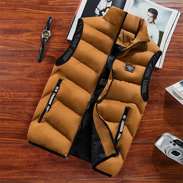 Men's Stand Collar Sleeveless Cargo Vest, Lightweight Windproof Polyester Gilet with Zipper Pockets