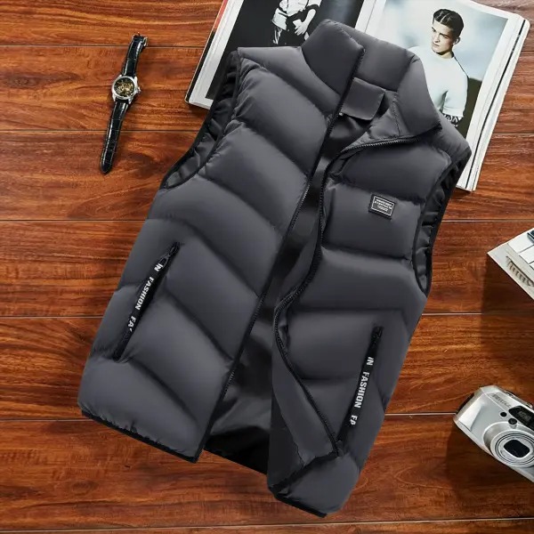 Men's Stand Collar Sleeveless Cargo Vest, Lightweight Windproof Polyester Gilet with Zipper Pockets
