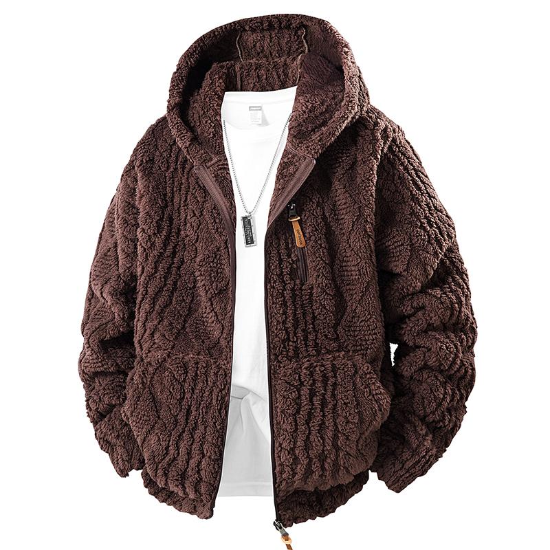 Men's thermal fleece jacket Polyester Jacquard Fabric Zip-Up Hoodie Jacket - Warm, Loose-Fit, Plush Texture, Plain Hooded Outerwear with Decorative Zipper Pull, Kangaroo Pockets for Outdoor & Indoor Urban Commute Menswear
