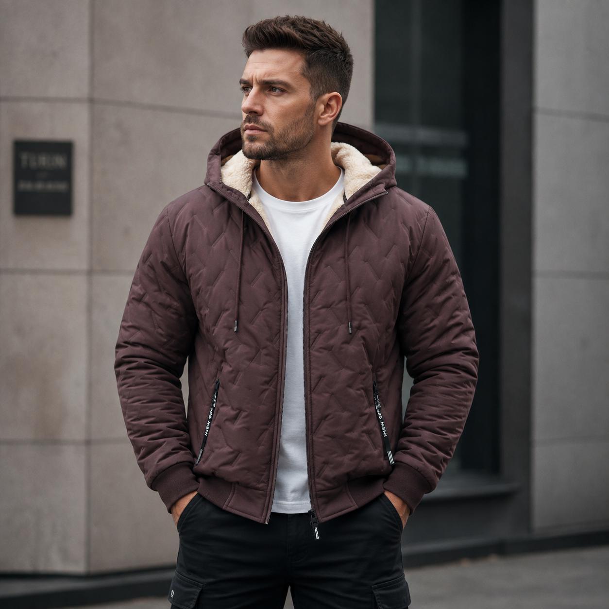 Men's Korean Casual Baggy Winter Jacket - Solid Color, Fleece-Lined Polyester, Hooded, Windproof for Outdoor Commuting, Woven, Hooded Protection, Long Sleeves Keep Arms Covered, Plain Style Keeps Outfits Clean, Windproof Coat zipper full