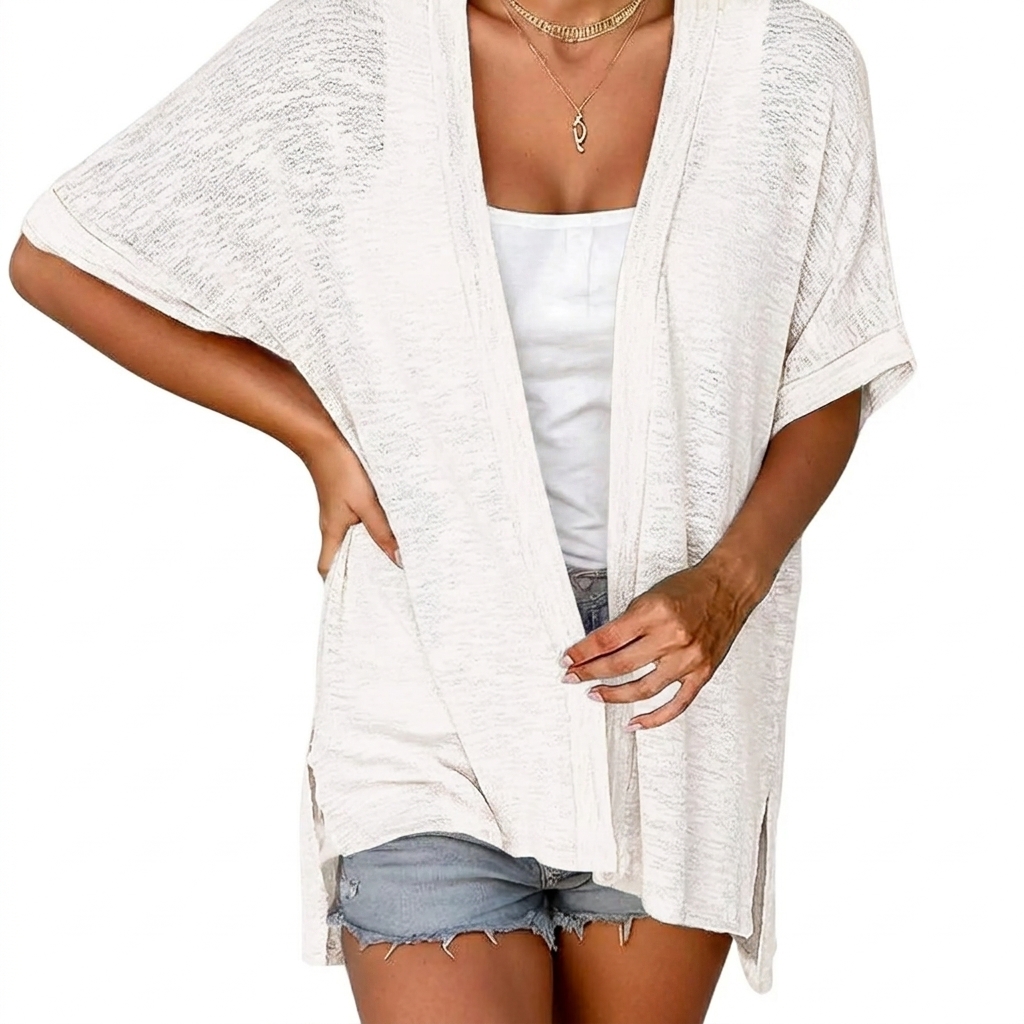 Women's Oversized Short Sleeve Open Front Knit Cardigan Lightweight Summer Beach Cover Up Casual Batwing Knit Top