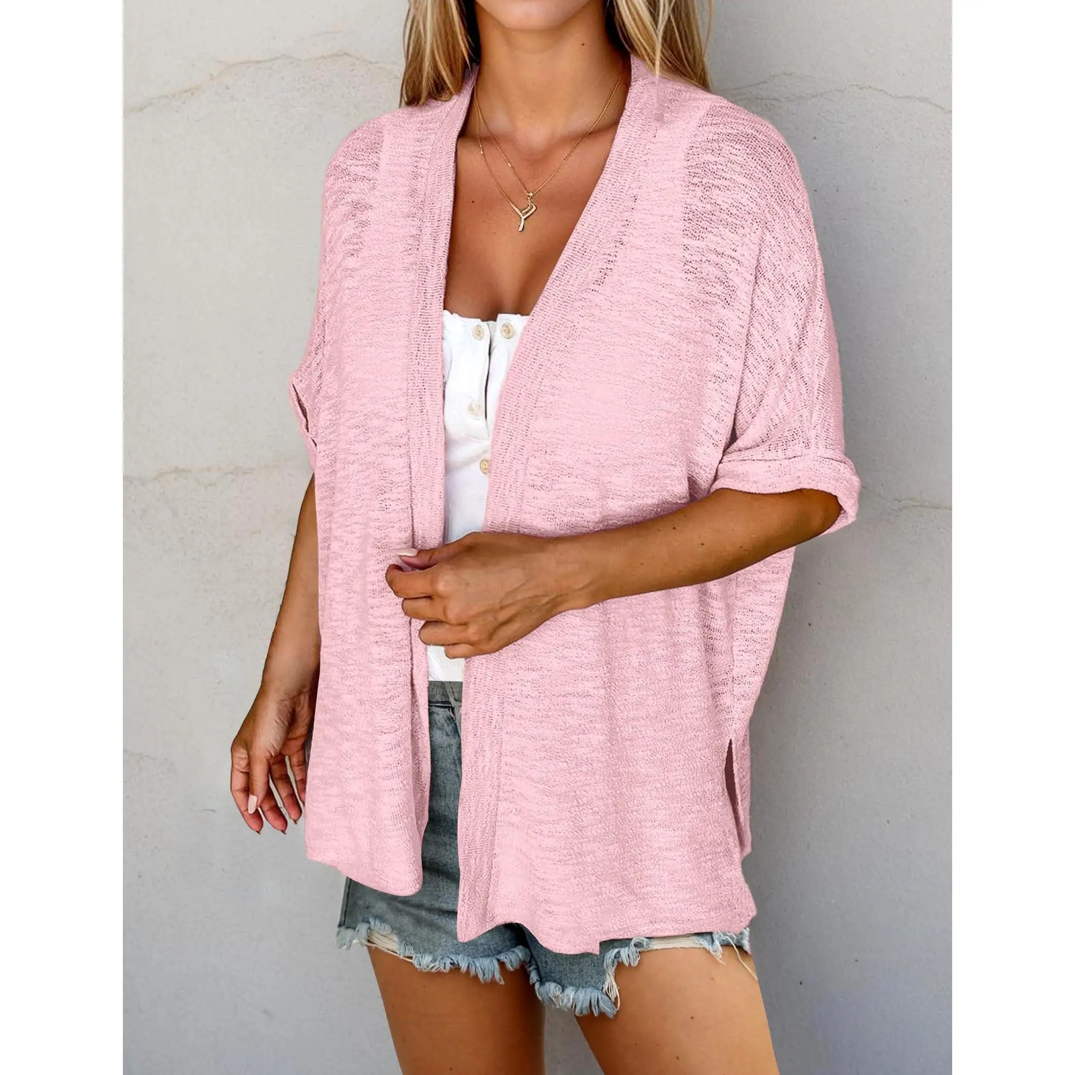 Women's Oversized Short Sleeve Open Front Knit Cardigan Lightweight Summer Beach Cover Up Casual Batwing Knit Top
