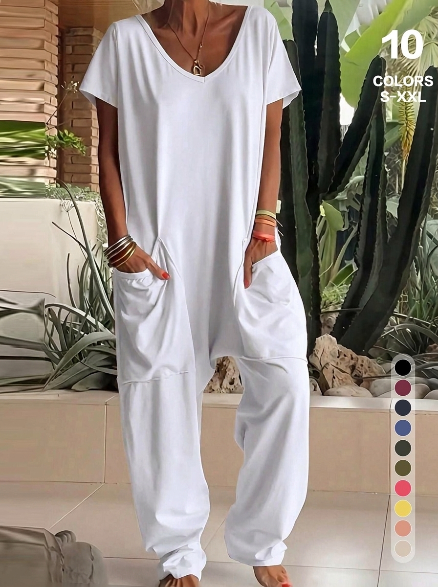 Women's Basic V-Neck Short Sleeve Jumpsuit - Casual Loose Wide Leg Romper with Pockets