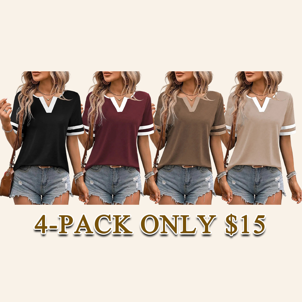 Women's V-Neck Striped Short Sleeve Top Fitted Cotton Blend Breathable Summer Daily Wear Blouse