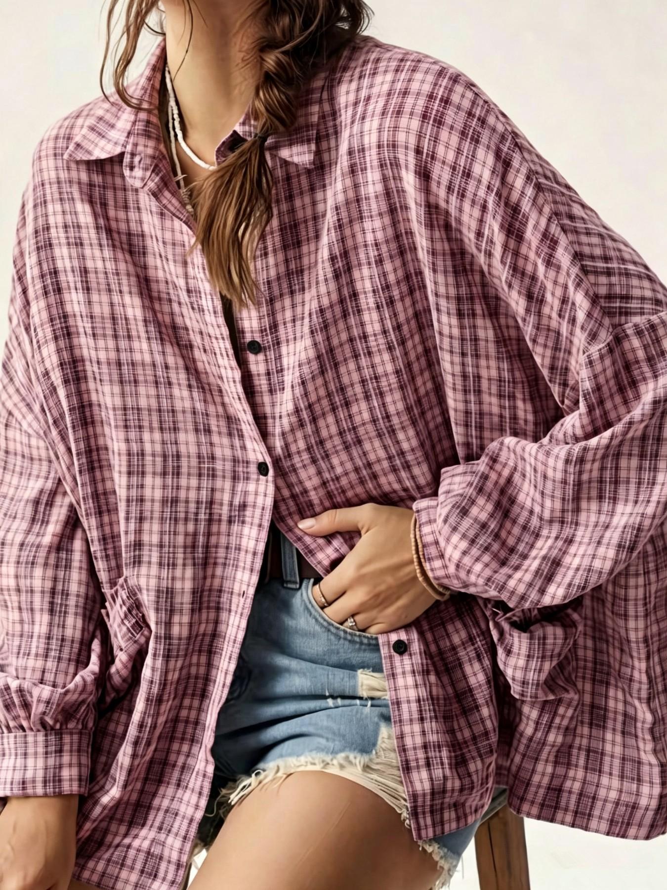 Women's Blue Plaid Oversized Pouch Pocket Long Sleeve Shirt, Blouse, Comfortable Loose Fit Top, Vintage Street Style, All Seasons