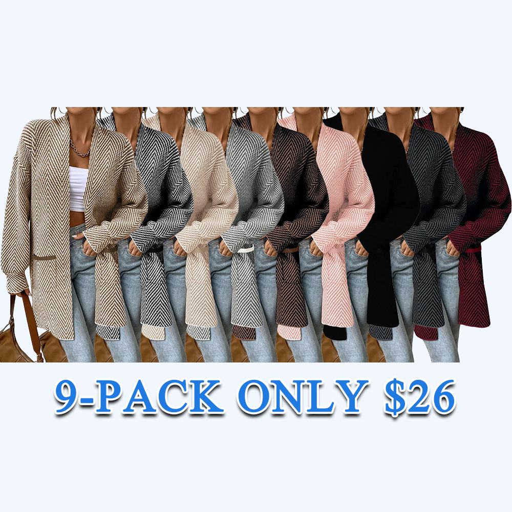 Women's Open Front Herringbone Colorblock Cardigan Sweater, Soft Chunky Knit Oversized Sweater Coat with Pockets