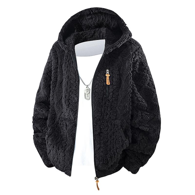 Men's thermal fleece jacket Polyester Jacquard Fabric Zip-Up Hoodie Jacket - Warm, Loose-Fit, Plush Texture, Plain Hooded Outerwear with Decorative Zipper Pull, Kangaroo Pockets for Outdoor & Indoor Urban Commute Menswear