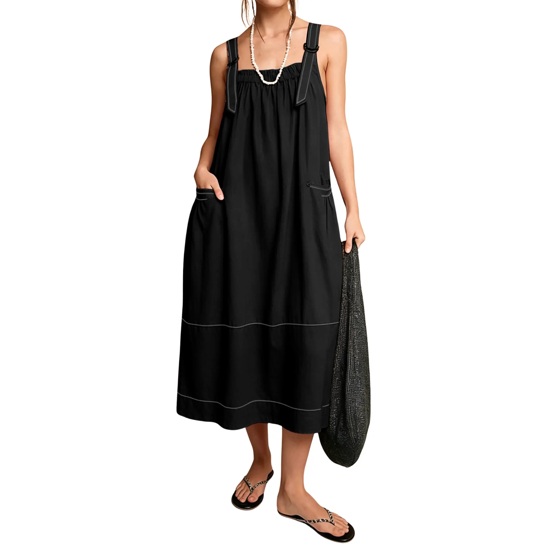 Women's Adjustable Straps Barrel Midi Dress Sleeveless Casual Midi Dress with Side Pockets for Summer Beach Vacation